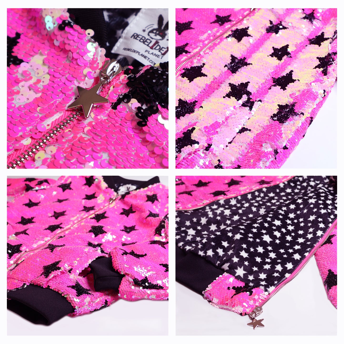 Hot pink with black stars flip sequin Bomber