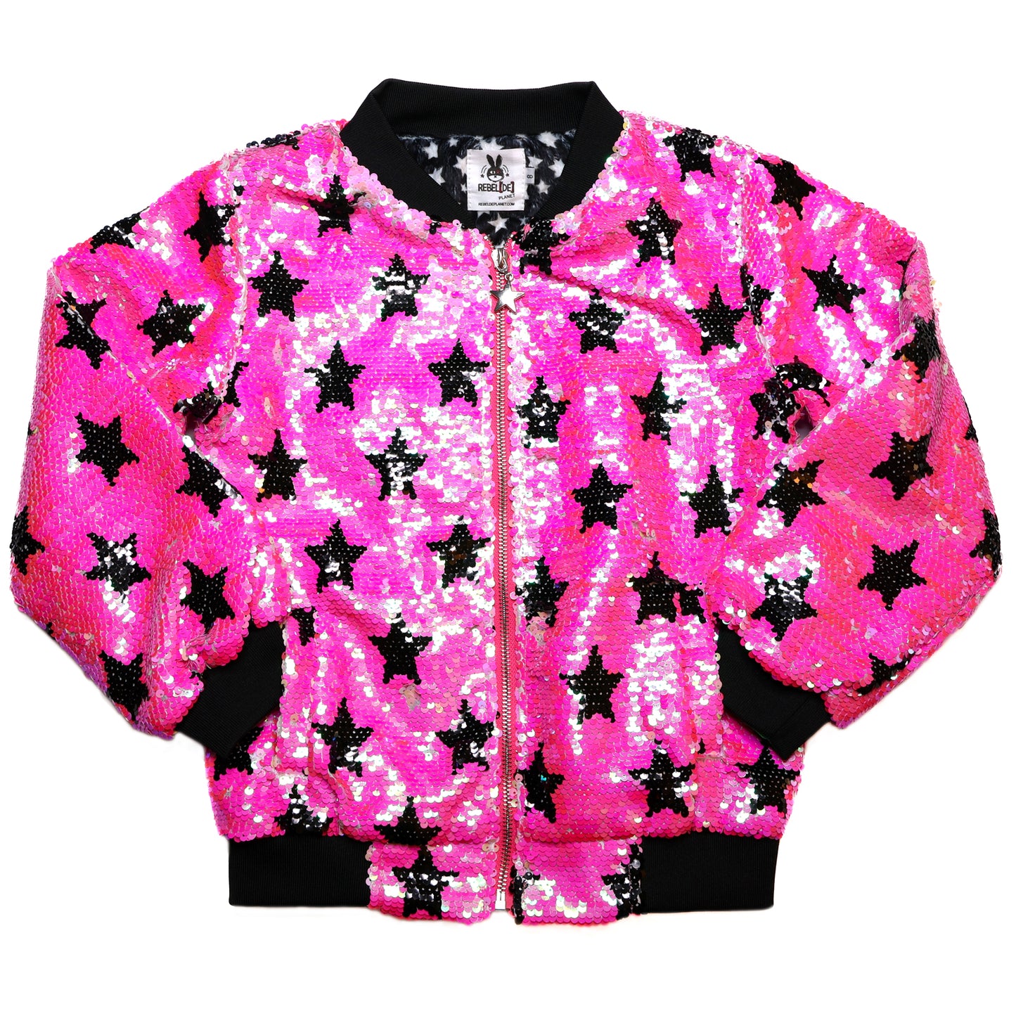 Hot pink with black stars flip sequin Bomber