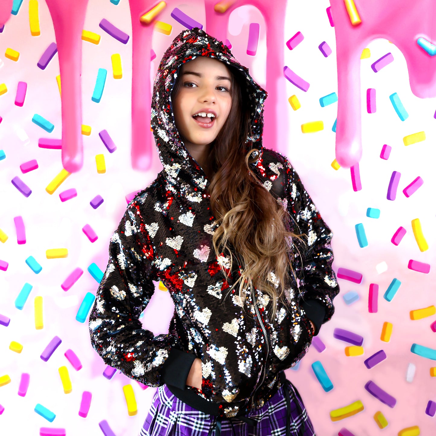 Black with Silver Hearts Sequin Bomber