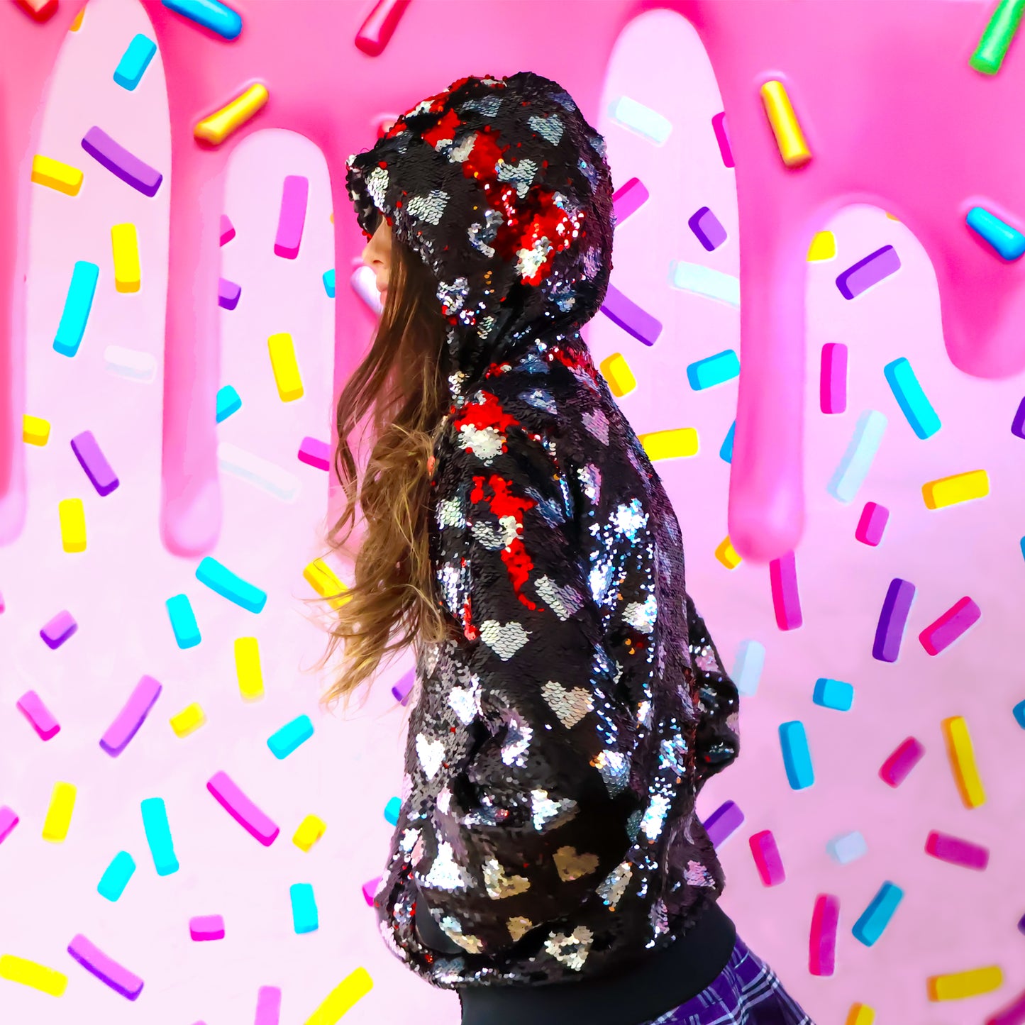 Black with Silver Hearts Sequin Bomber