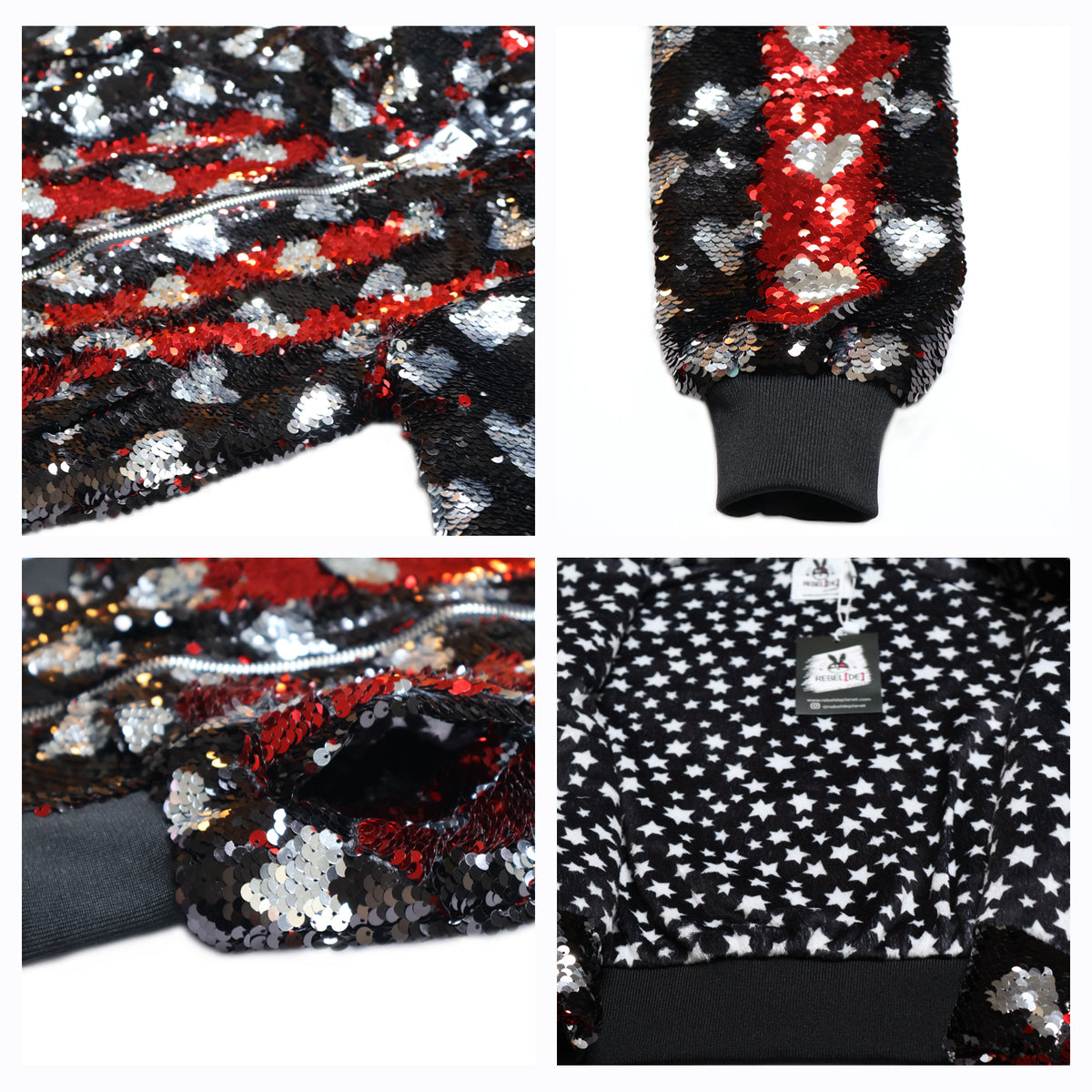 Black with Silver Hearts Sequin Bomber