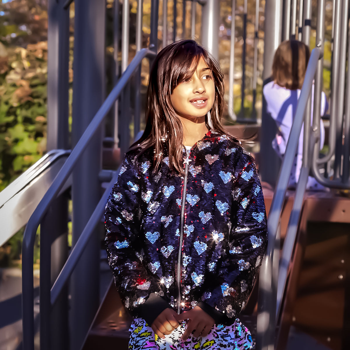 Black with Silver Hearts Sequin Bomber