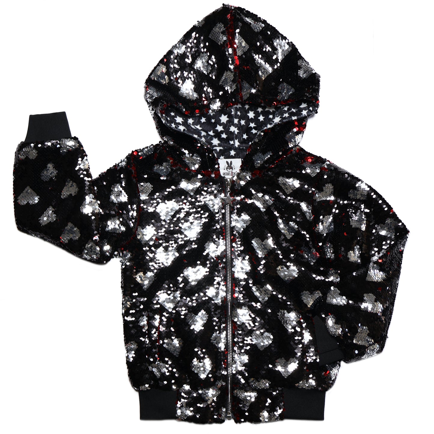 Black with Silver Hearts Sequin Bomber
