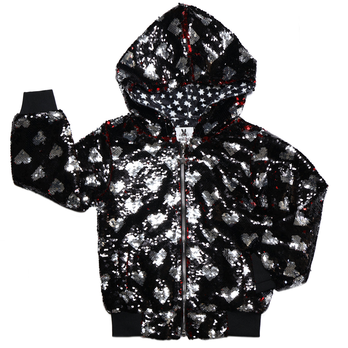 Black with Silver Hearts Sequin Bomber