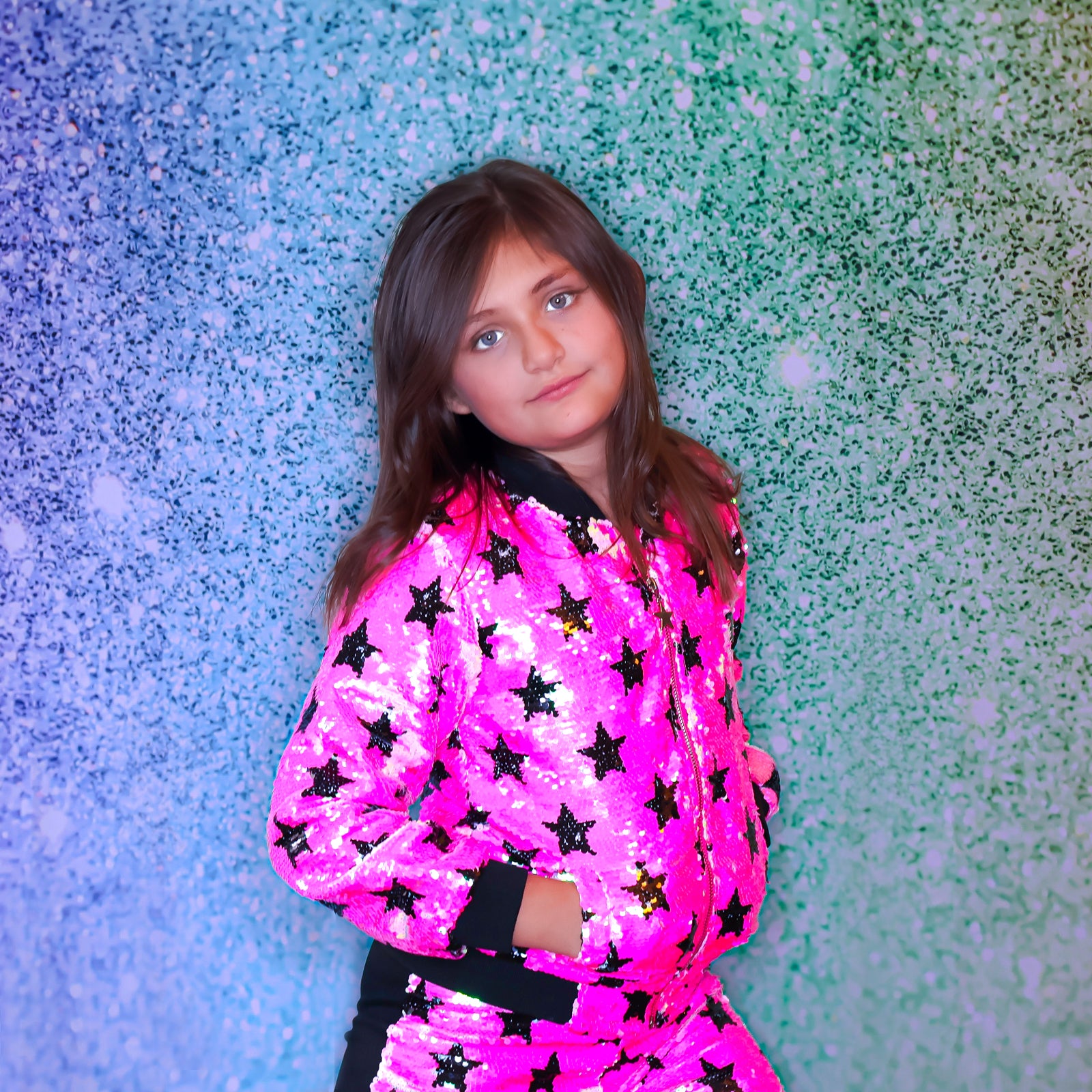 Hot pink with black stars flip sequin Bomber
