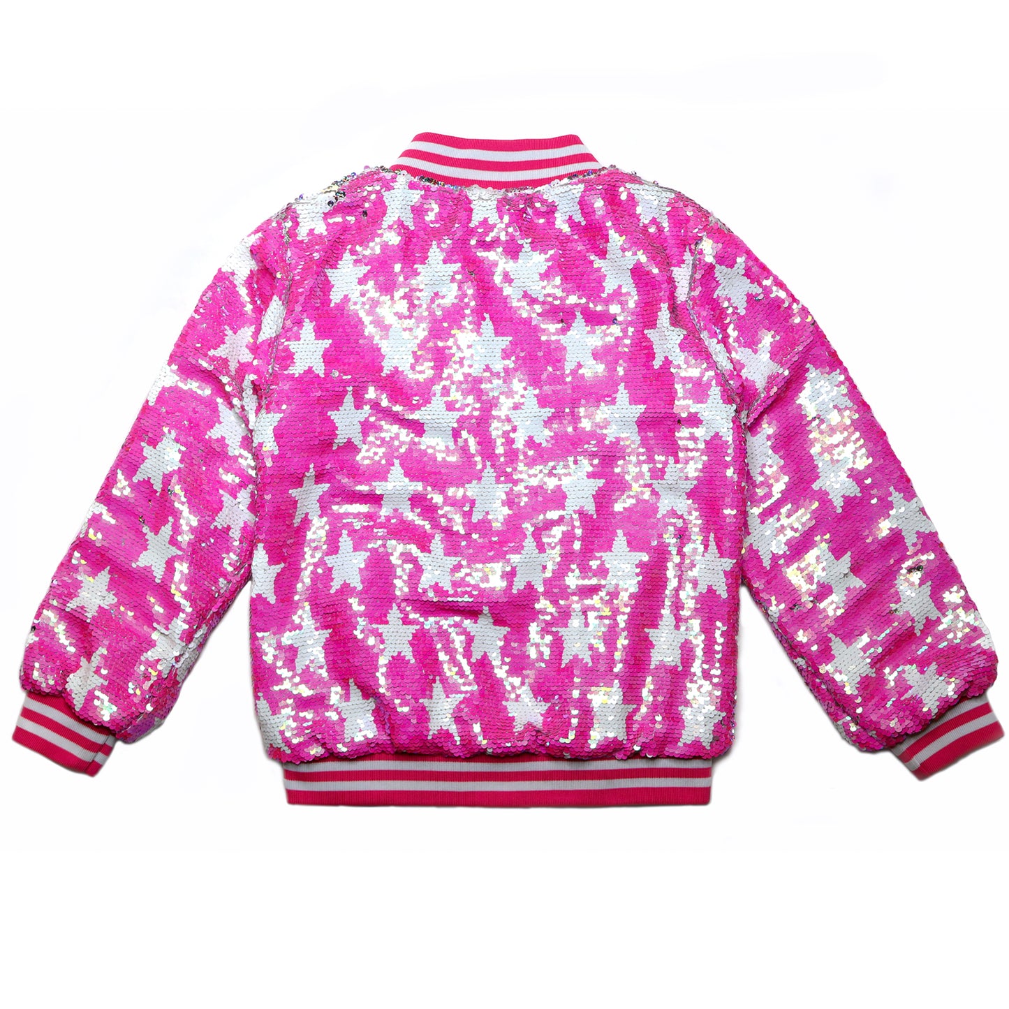 Hot pink with white stars flip sequin Bomber