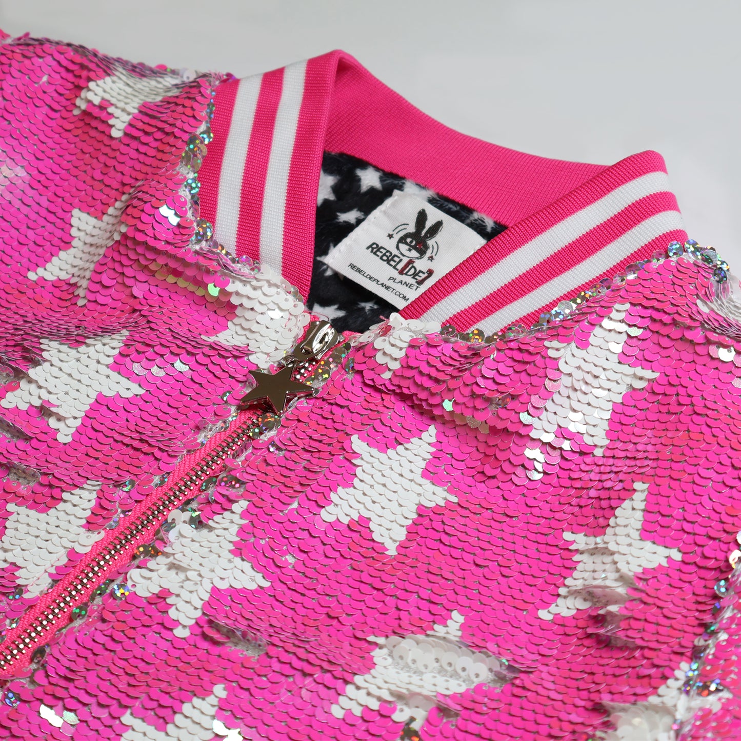 Hot pink with white stars flip sequin Bomber