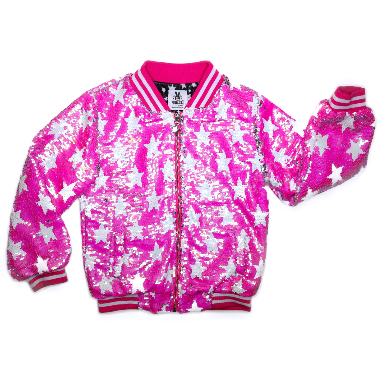 Hot pink with white stars flip sequin Bomber