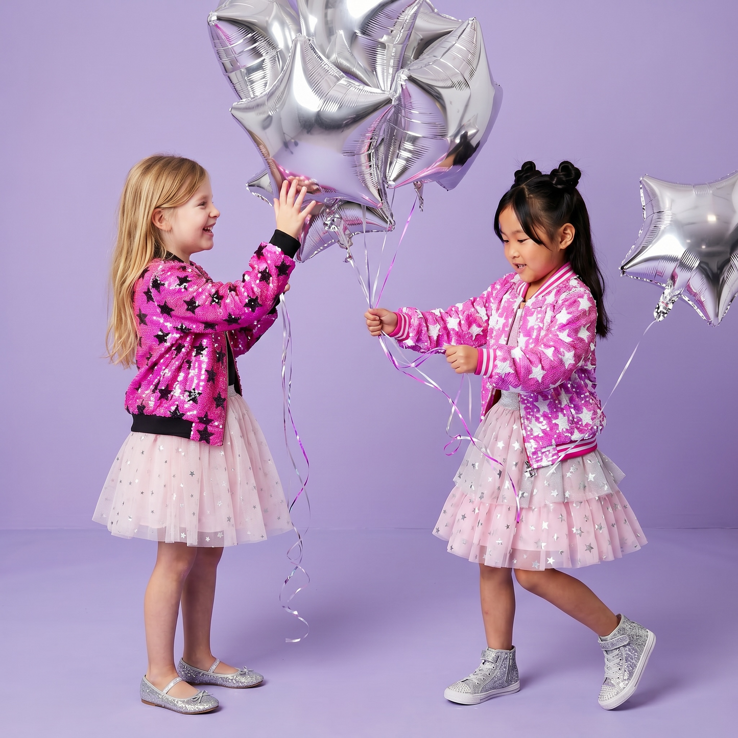 Hot pink with white stars flip sequin Bomber