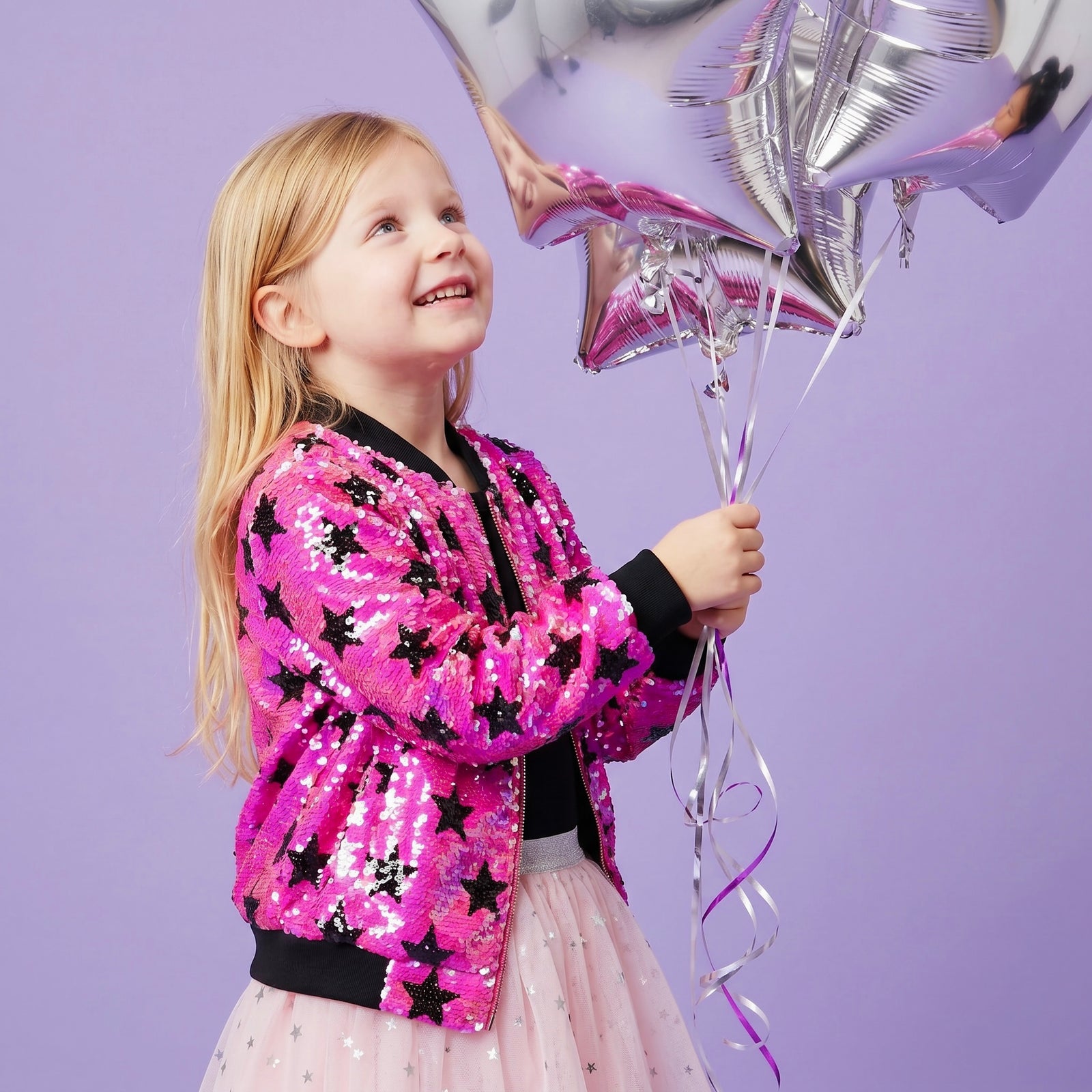 Hot pink with black stars flip sequin Bomber