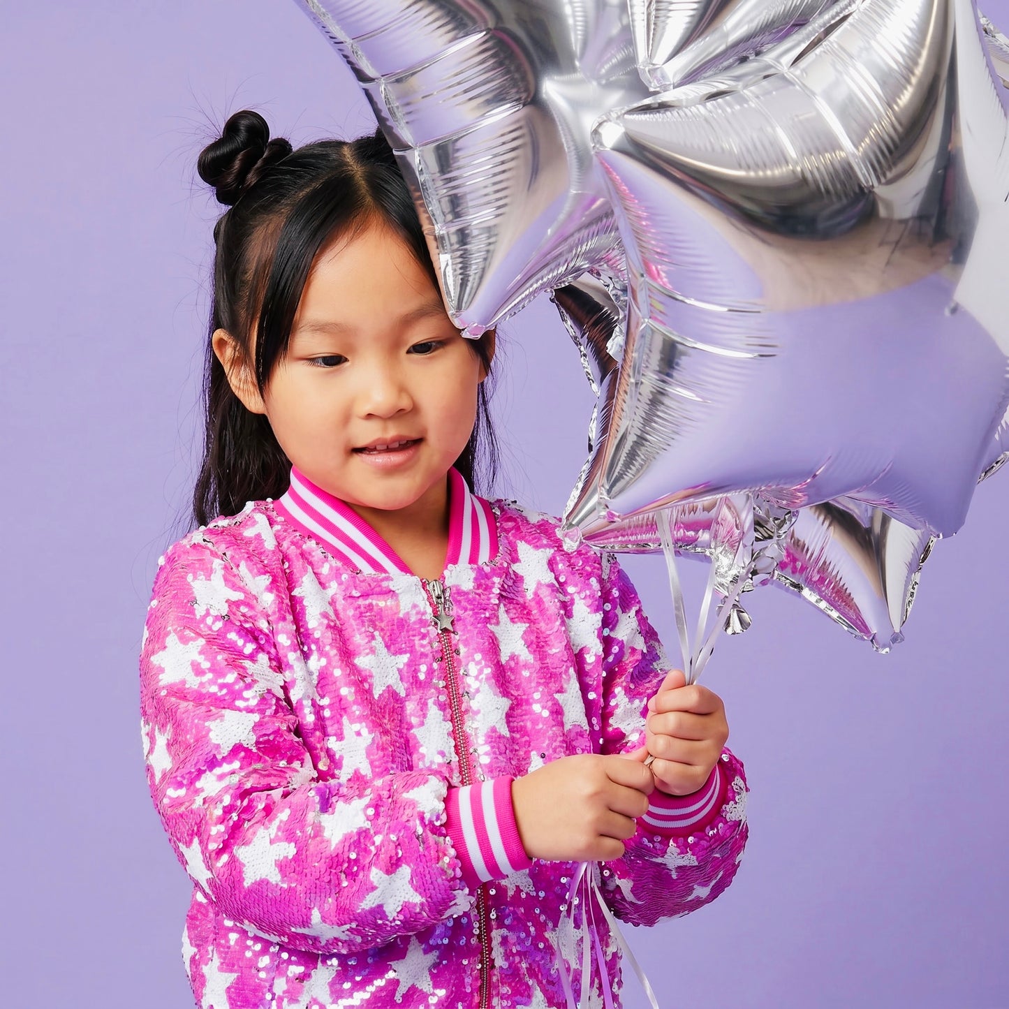 Hot pink with white stars flip sequin Bomber